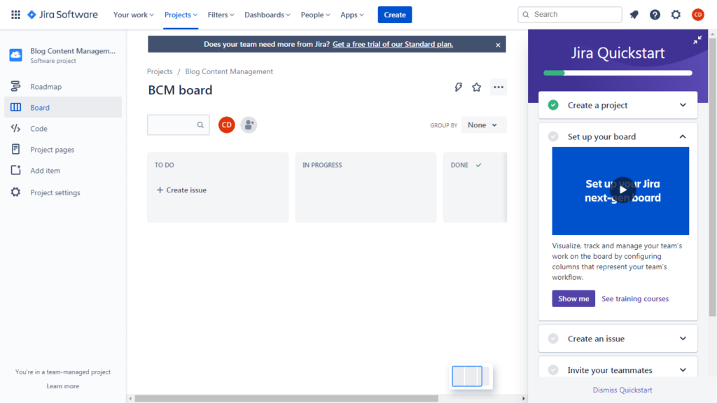 Screenshot of Atlassian Jira Cloud setup Project board page