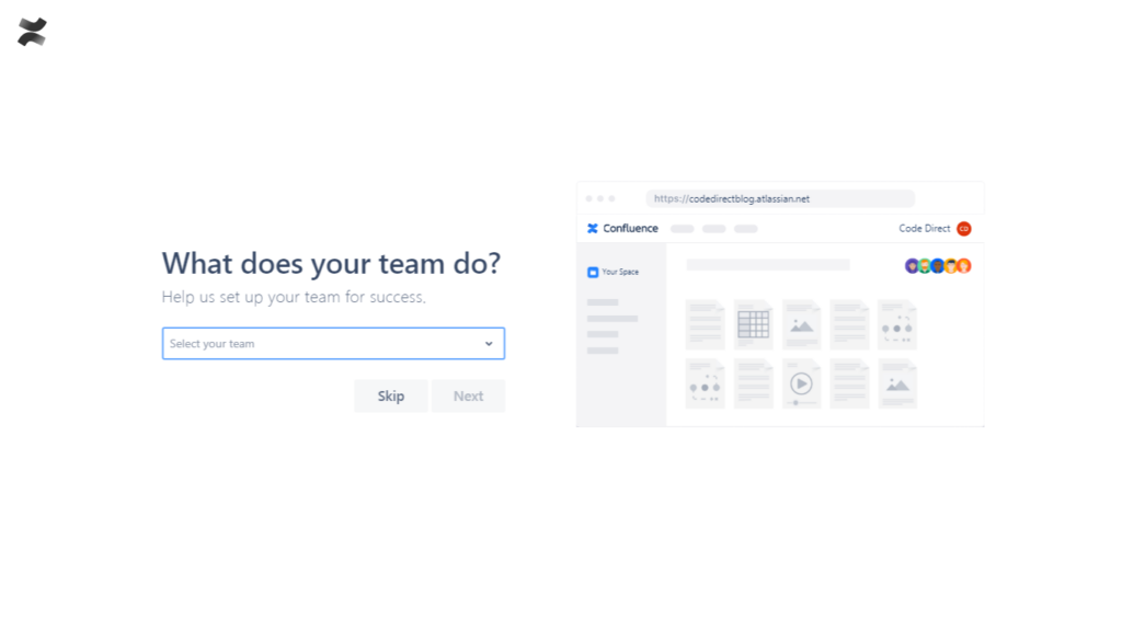 Screenshot of Confluence cloud setup showing What does your team do?