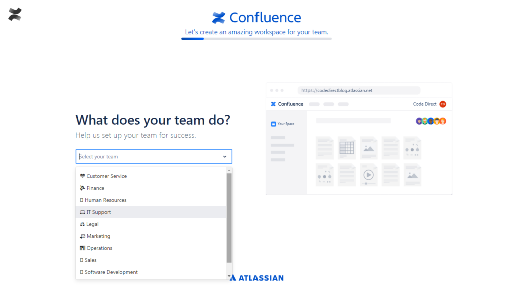 Screenshot of Confluence cloud setup showing What does your team do options