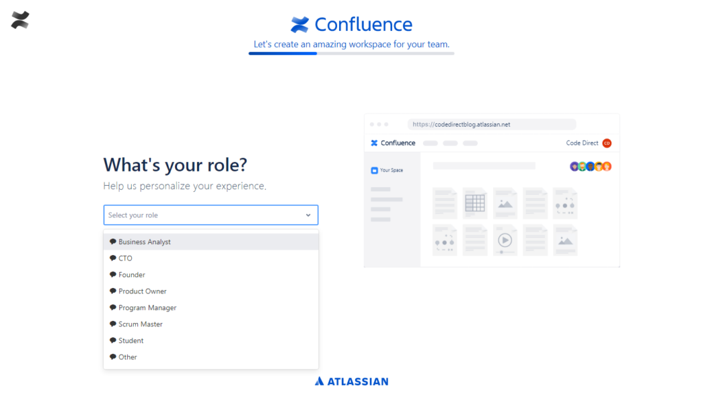 Screenshot of Confluence cloud setup showing What's your role?
