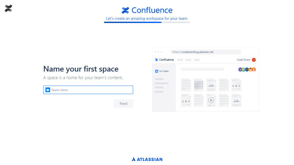 Screenshot of Atlassian Cloud setup showing Enter your space name